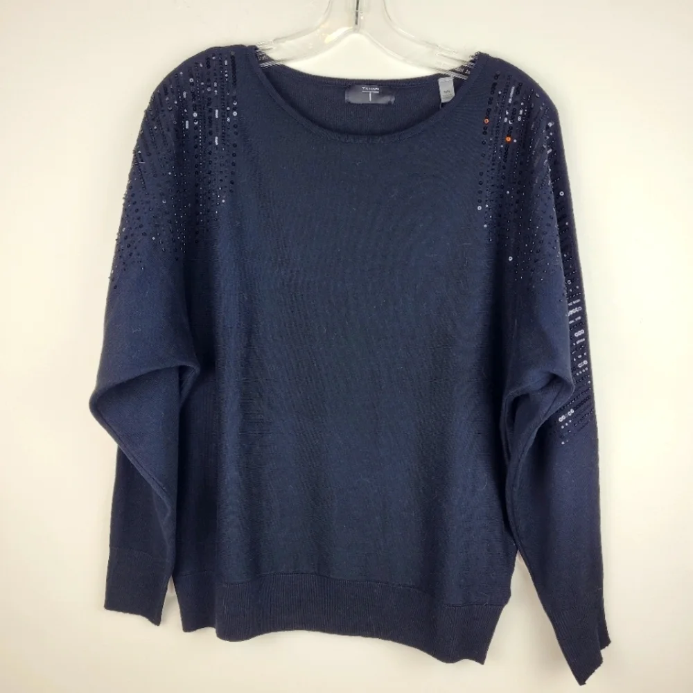 Tahari T crew neck black sweater sequin detail raglan sleeve mob wife cozy NWT M - Picture 2 of 12